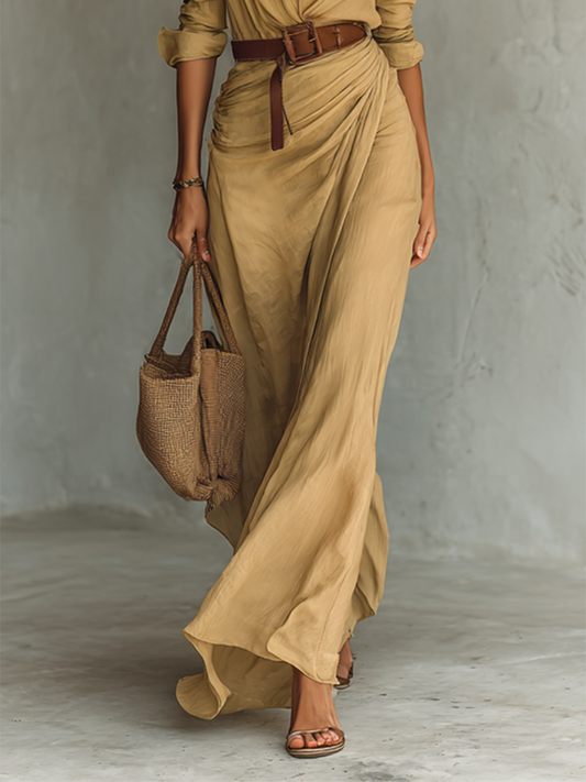 Abito Maxi Lungo con Collo a Revers Cintura inclusa
